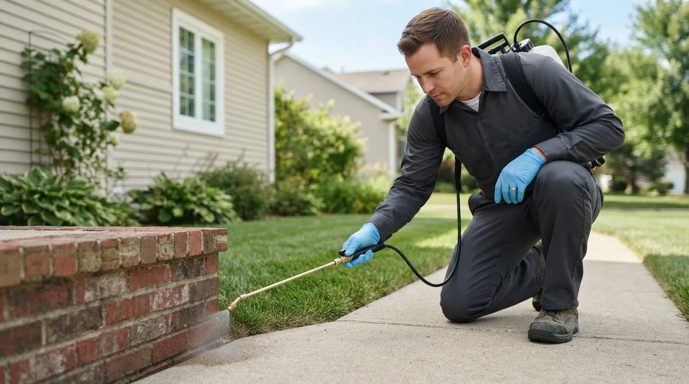 Pest control technician treating a home near Colesburg, IA